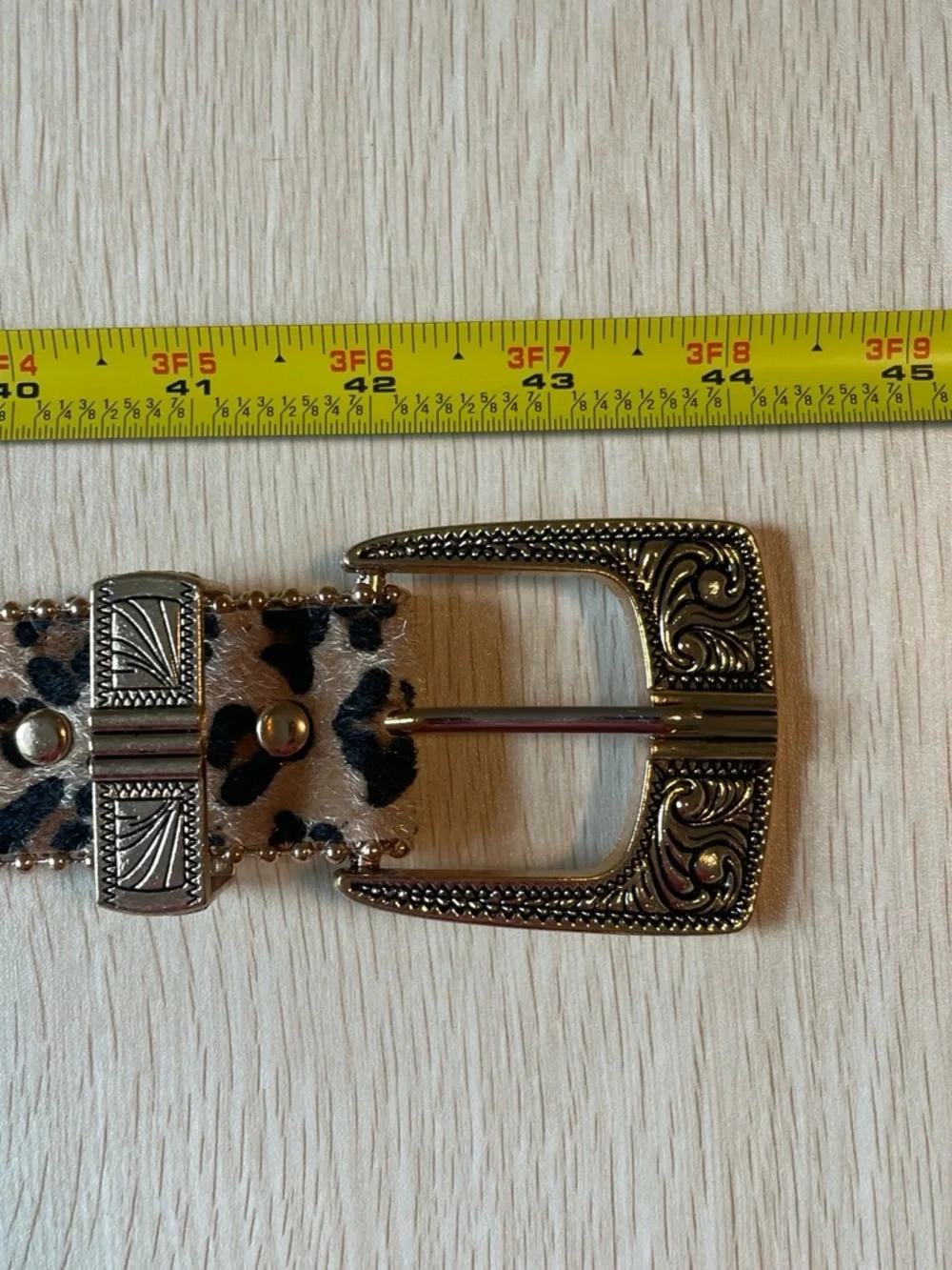 Vintage Leopard Print Western Buckle Belt - Beige Black Gold